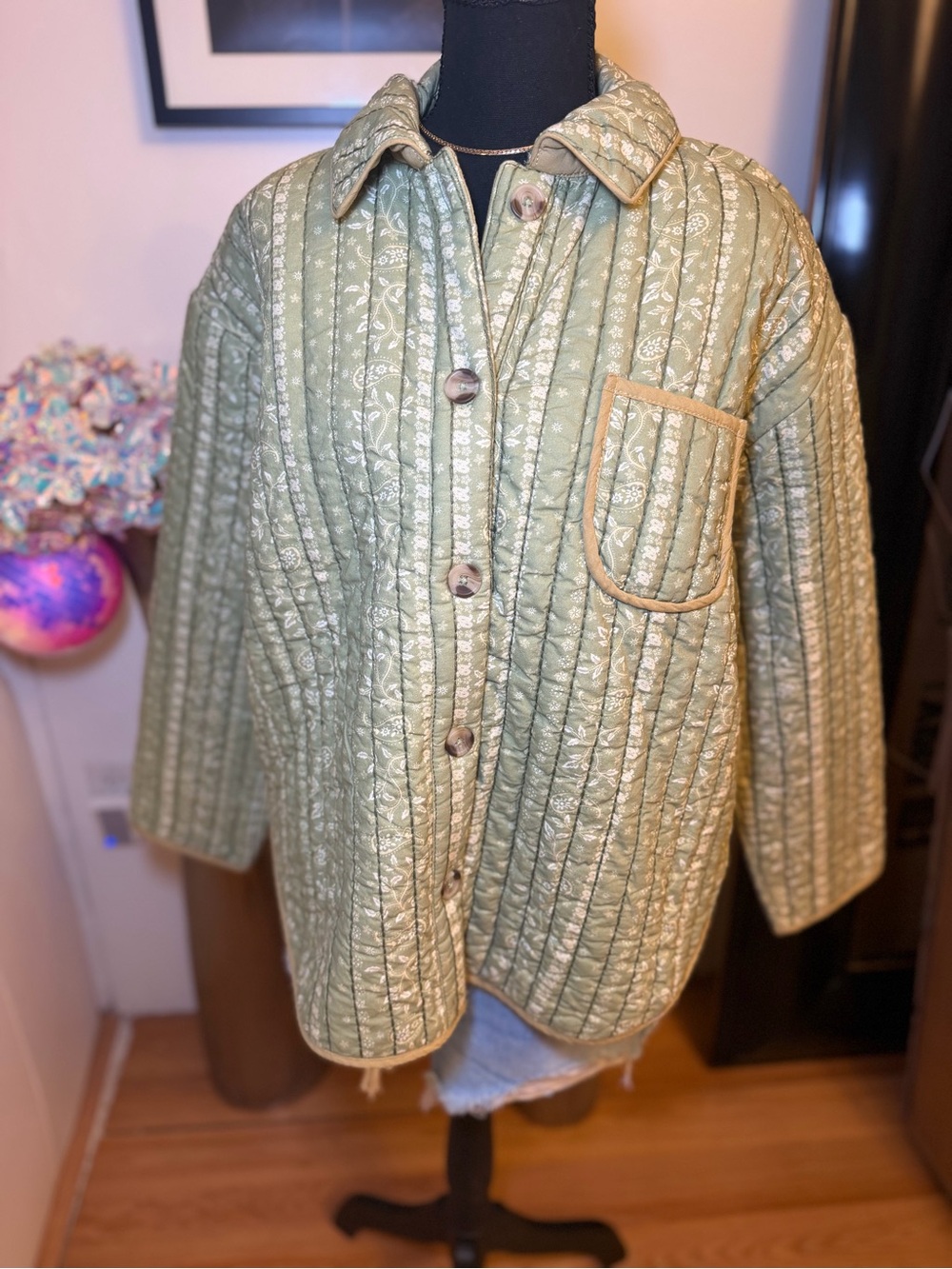 Free People Quilted Light Sage Green Shirt Jacket with Tan Trim